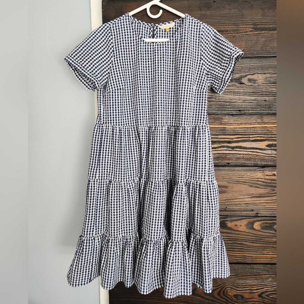 Downeast Navy Checkered Tiered Short Sleeve Knee Length Dress size medium
